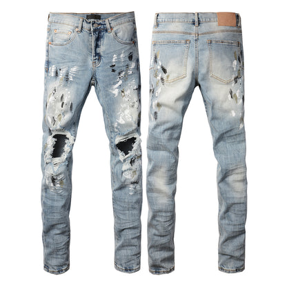 Men Streetwear Jeans Light Blue Paint Splash Distressed Ripped Skinny 9100