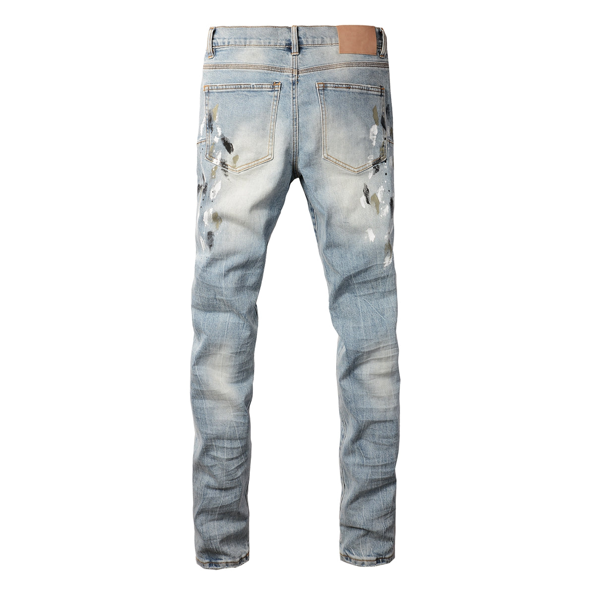 Men Streetwear Jeans Light Blue Paint Splash Distressed Ripped Skinny 9100