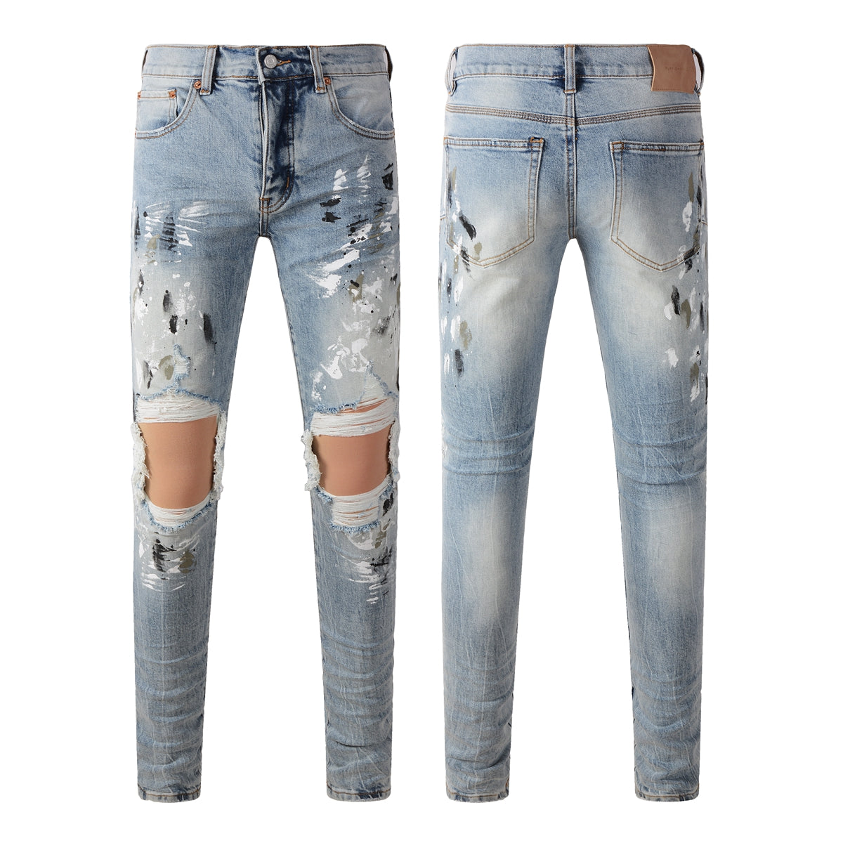 Men Streetwear Jeans Light Blue Paint Splash Distressed Ripped Skinny 9100