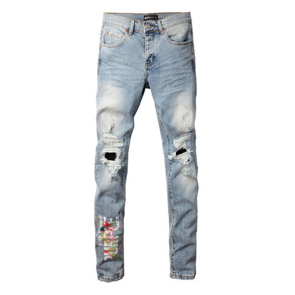 Men Streetwear Jeans Light Blue Ripped Graffiti Print Distressed Skinny 9101