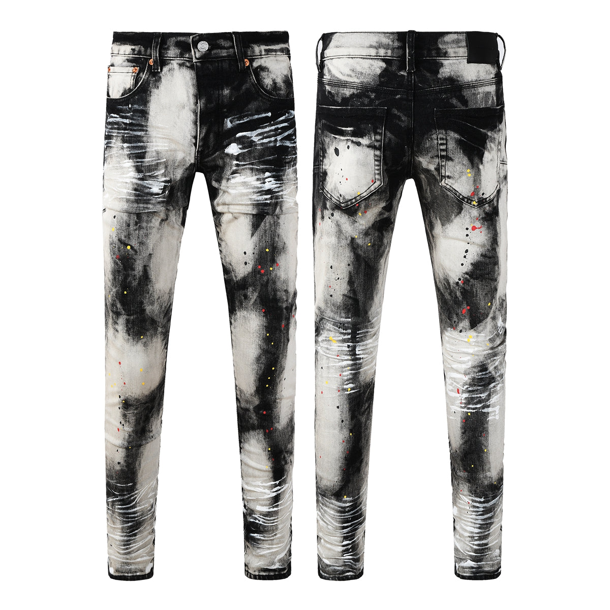Men Streetwear Skinny Jeans Black and White Graffiti Wash with Multi Color Paint Splash 9111