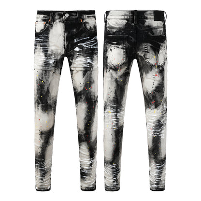 Men Streetwear Skinny Jeans Black and White Graffiti Wash with Multi Color Paint Splash 9111