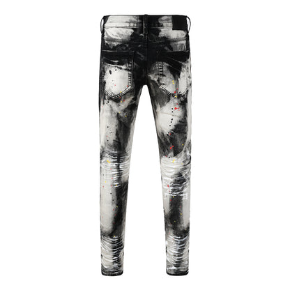Men Streetwear Skinny Jeans Black and White Graffiti Wash with Multi Color Paint Splash 9111