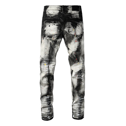 Men Streetwear Skinny Jeans Black and White Graffiti Wash with Multi Color Paint Splash 9111