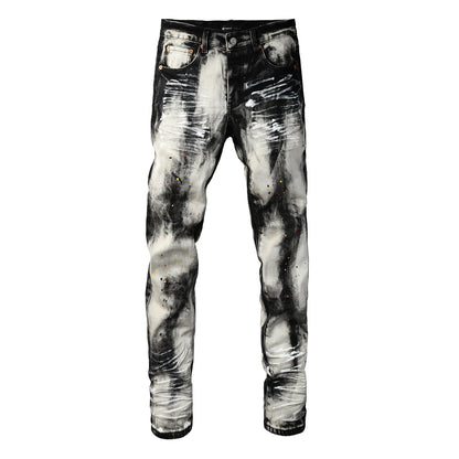 Men Streetwear Skinny Jeans Black and White Graffiti Wash with Multi Color Paint Splash 9111