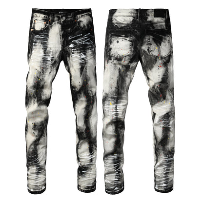 Men Streetwear Skinny Jeans Black and White Graffiti Wash with Multi Color Paint Splash 9111