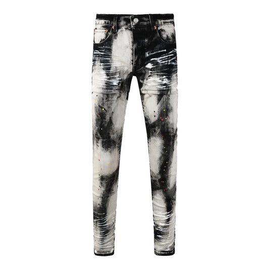 Men Streetwear Skinny Jeans Black and White Graffiti Wash with Multi Color Paint Splash 9111