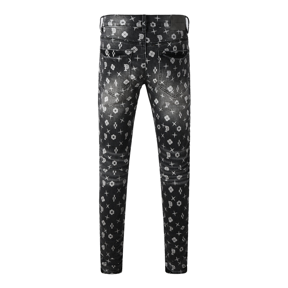 Men Classic Street Skinny Jeans Dark Grey Monogram Print All Over Distressed Style 9112
