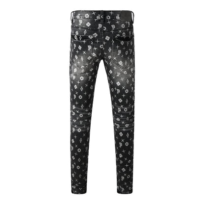 Men Classic Street Skinny Jeans Dark Grey Monogram Print All Over Distressed Style 9112