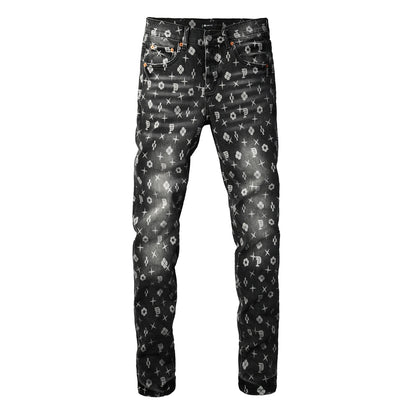 Men Classic Street Skinny Jeans Dark Grey Monogram Print All Over Distressed Style 9112