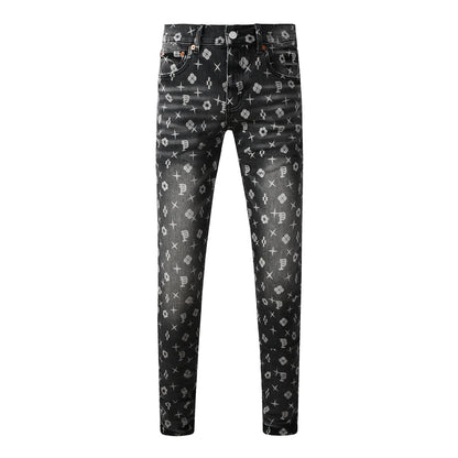 Men Classic Street Skinny Jeans Dark Grey Monogram Print All Over Distressed Style 9112