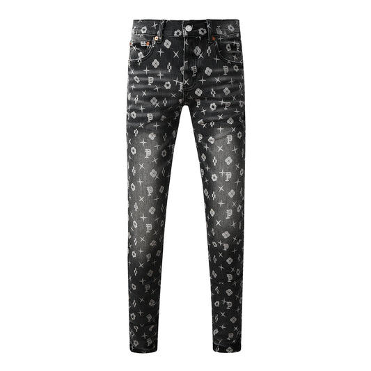 Men Classic Street Skinny Jeans Dark Grey Monogram Print All Over Distressed Style 9112