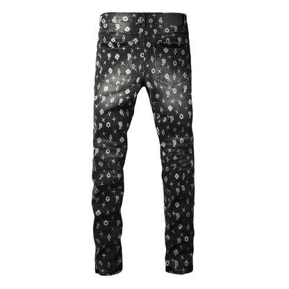 Men Classic Street Skinny Jeans Dark Grey Monogram Print All Over Distressed Style 9112