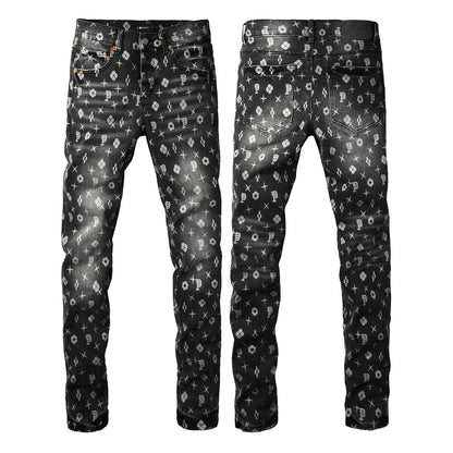 Men Classic Street Skinny Jeans Dark Grey Monogram Print All Over Distressed Style 9112