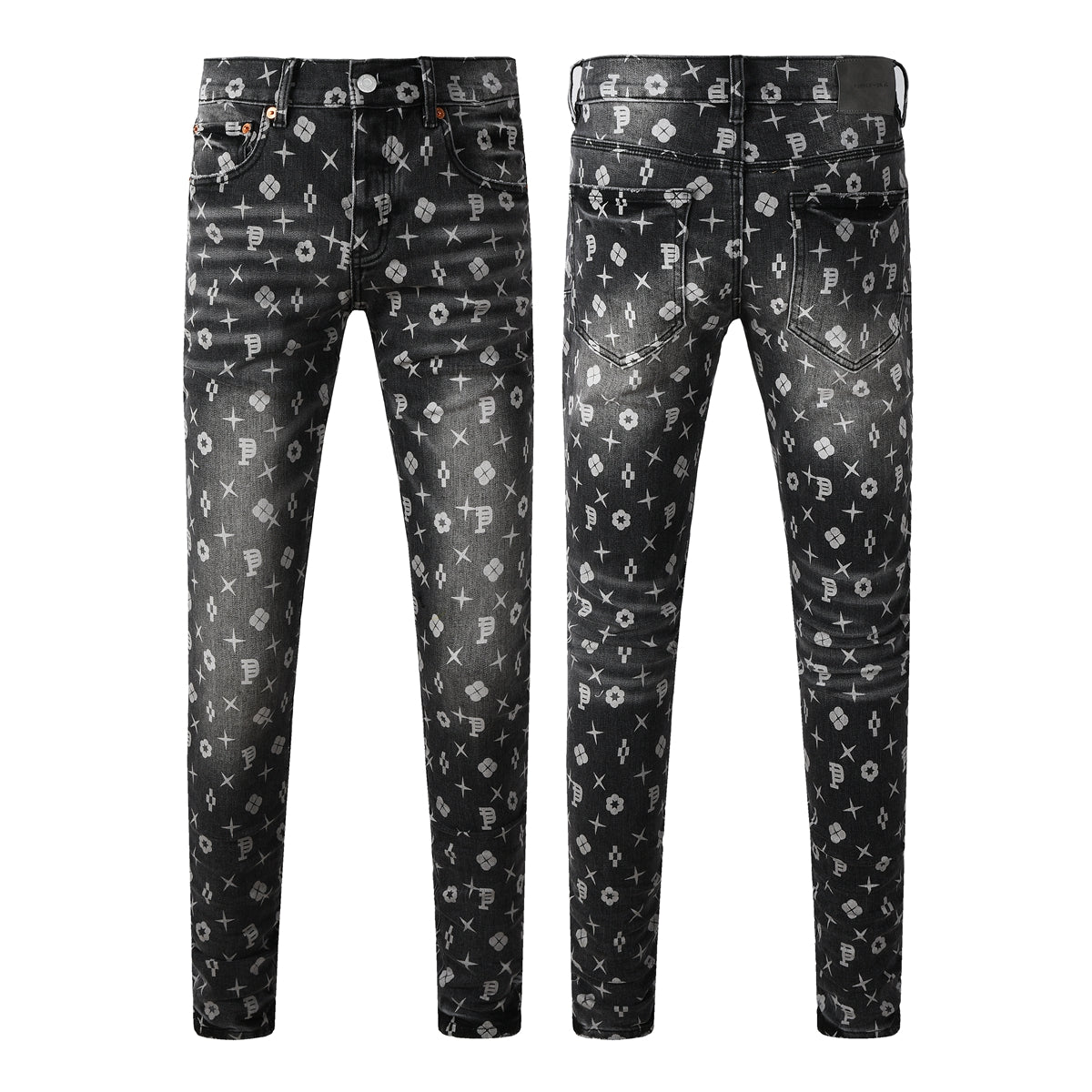 Men Classic Street Skinny Jeans Dark Grey Monogram Print All Over Distressed Style 9112