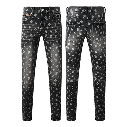 Men Classic Street Skinny Jeans Dark Grey Monogram Print All Over Distressed Style 9112
