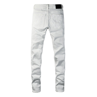 Men Designer Streetwear Skinny Jeans Solid White with 3D Embossed Monogram Pattern 9113