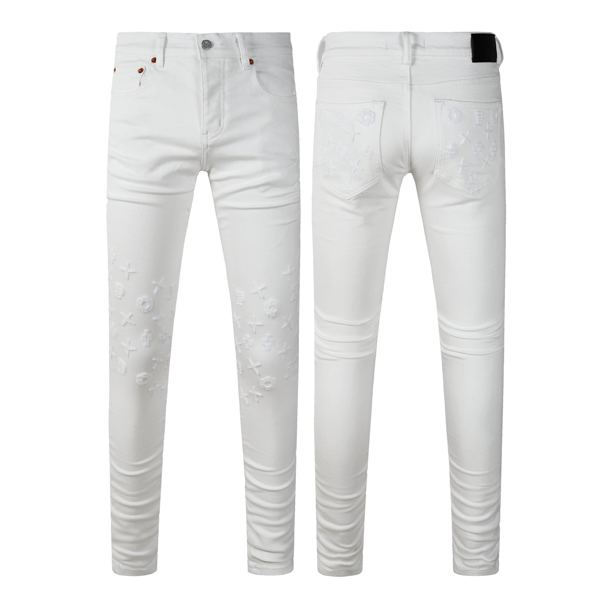 Men Designer Streetwear Skinny Jeans Solid White with 3D Embossed Monogram Pattern 9113