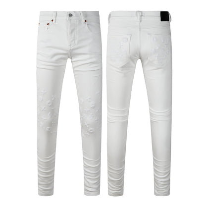 Men Designer Streetwear Skinny Jeans Solid White with 3D Embossed Monogram Pattern 9113