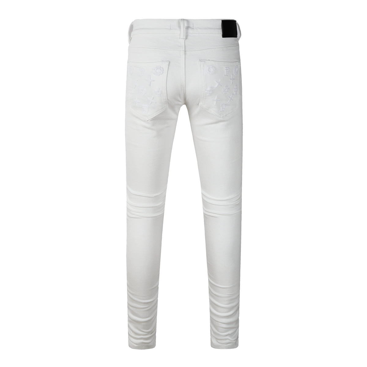Men Designer Streetwear Skinny Jeans Solid White with 3D Embossed Monogram Pattern 9113