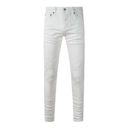 Men Designer Streetwear Skinny Jeans Solid White with 3D Embossed Monogram Pattern 9113