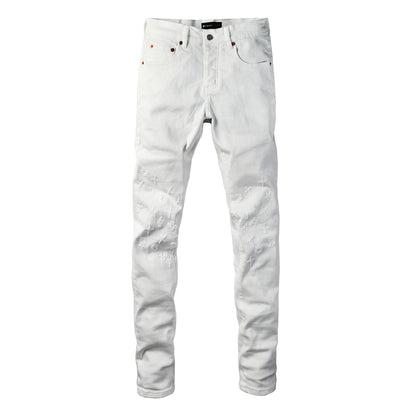 Men Designer Streetwear Skinny Jeans Solid White with 3D Embossed Monogram Pattern 9113