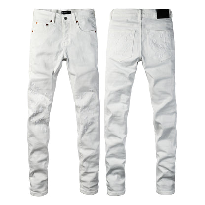 Men Designer Streetwear Skinny Jeans Solid White with 3D Embossed Monogram Pattern 9113