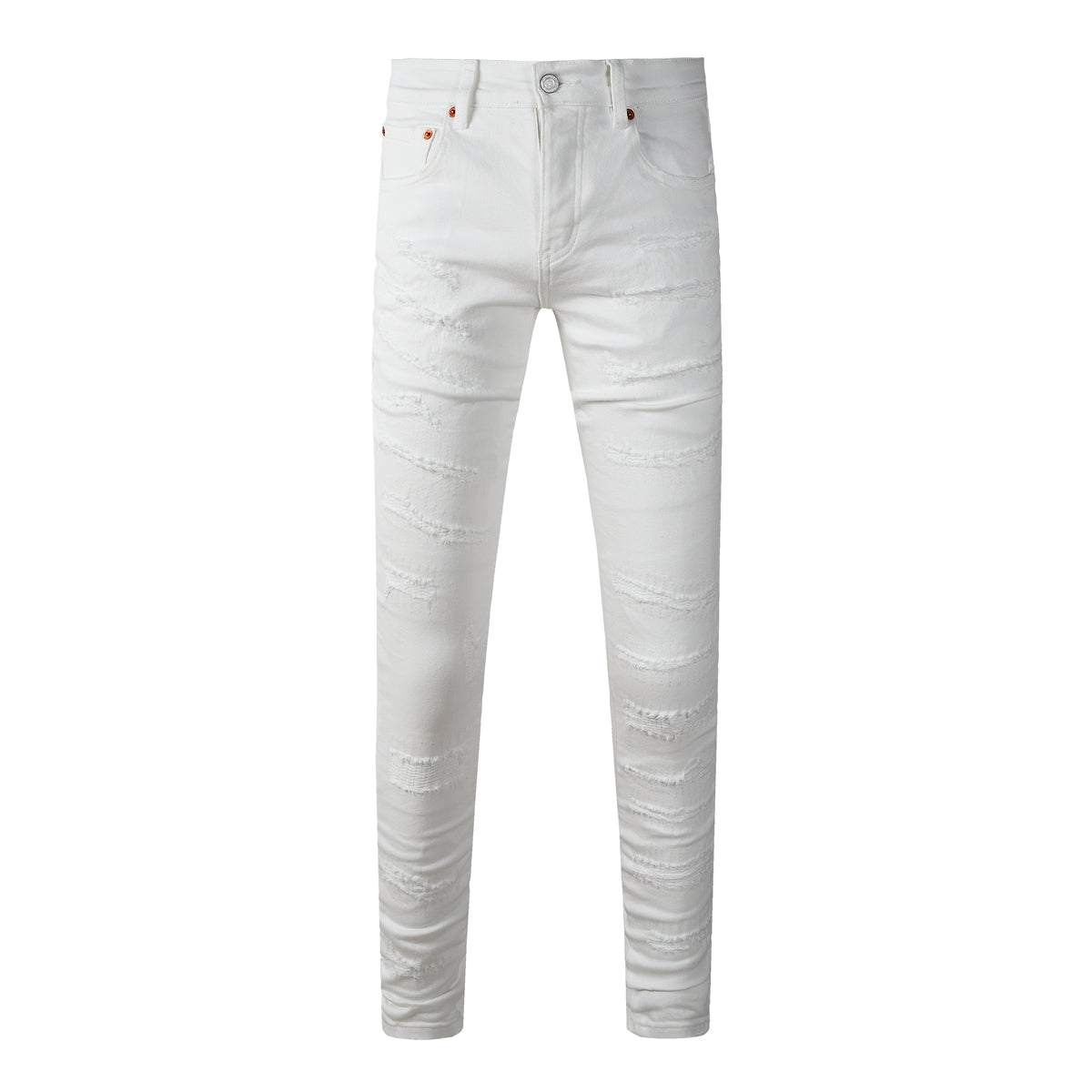 Men Classic Streetwear Skinny Jeans Solid White with Subtle Distressed Details 9118