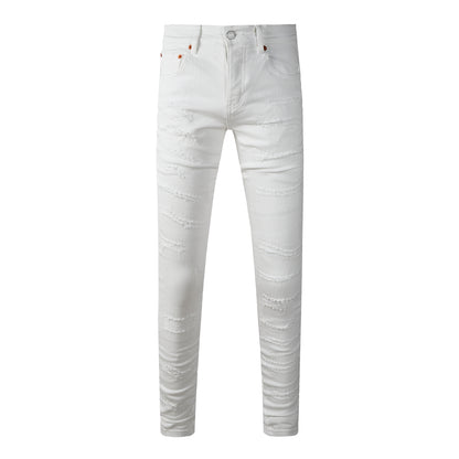 Men Classic Streetwear Skinny Jeans Solid White with Subtle Distressed Details 9118