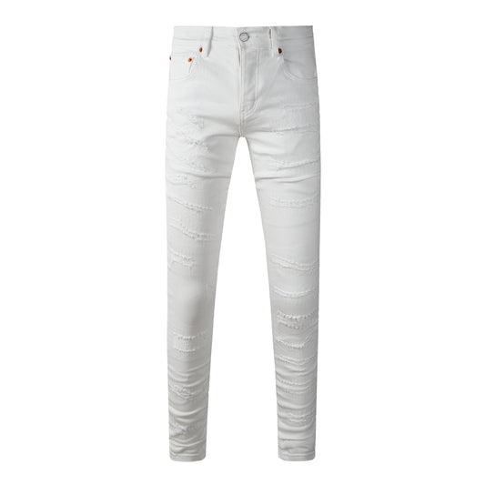 Men Classic Streetwear Skinny Jeans Solid White with Subtle Distressed Details 9118
