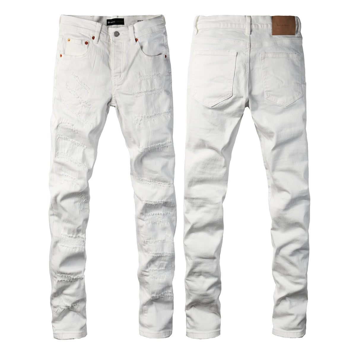 Men Classic Streetwear Skinny Jeans Solid White with Subtle Distressed Details 9118