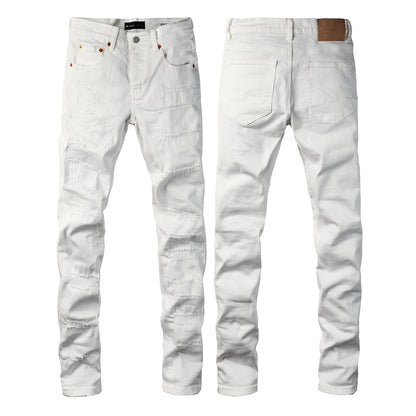 Men Classic Streetwear Skinny Jeans Solid White with Subtle Distressed Details 9118