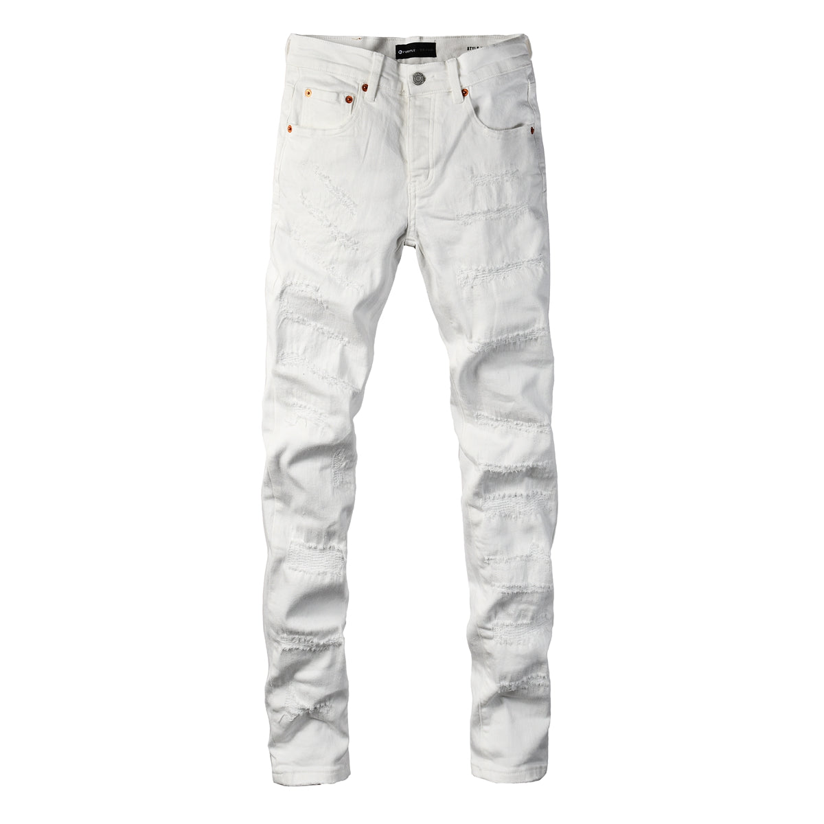 Men Classic Streetwear Skinny Jeans Solid White with Subtle Distressed Details 9118