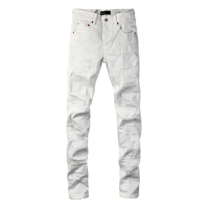 Men Classic Streetwear Skinny Jeans Solid White with Subtle Distressed Details 9118