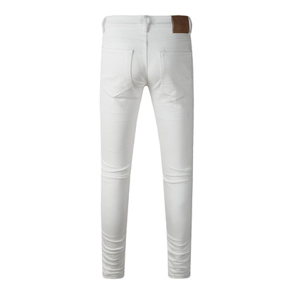 Men Classic Streetwear Skinny Jeans Solid White with Subtle Distressed Details 9118