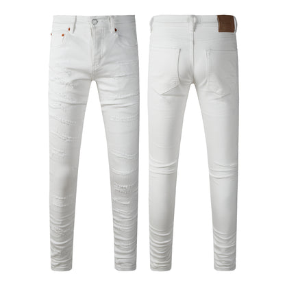 Men Classic Streetwear Skinny Jeans Solid White with Subtle Distressed Details 9118