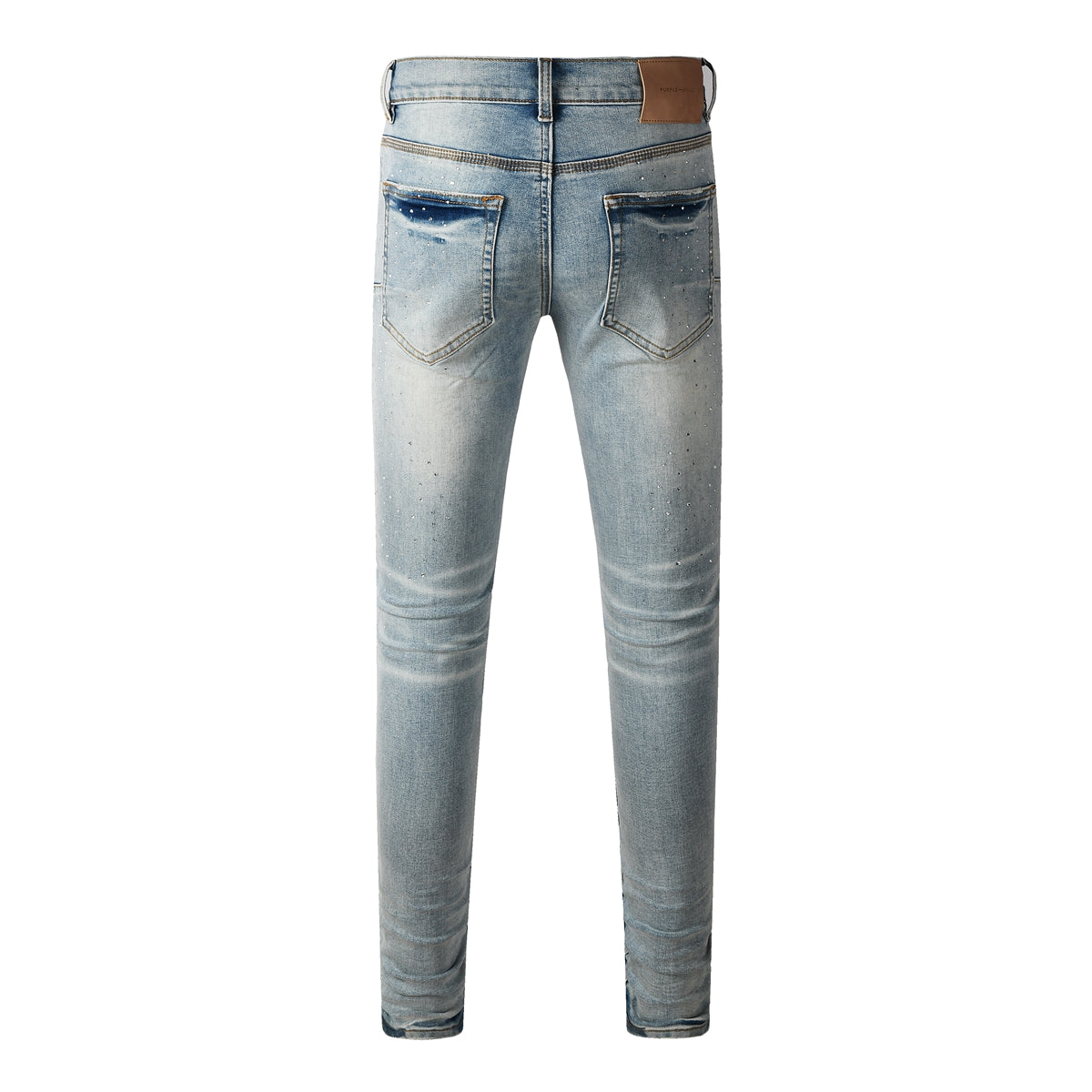 Men Streetwear Skinny Jeans Light Blue with Rhinestone Studs and Distressed Details 9119