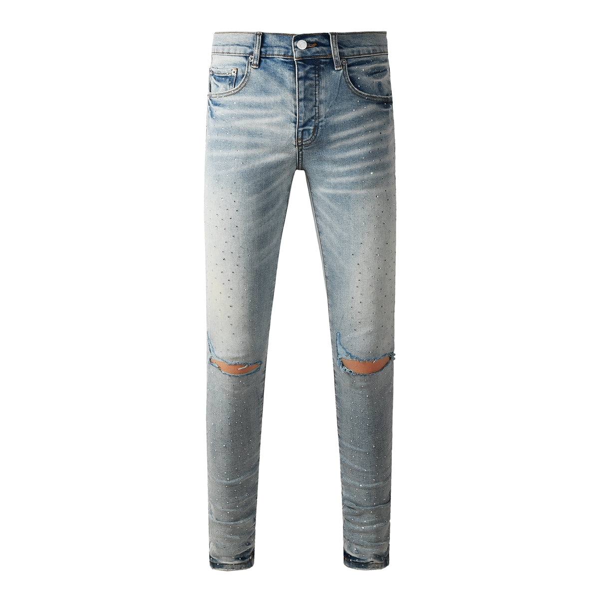 Men Streetwear Skinny Jeans Light Blue with Rhinestone Studs and Distressed Details 9119