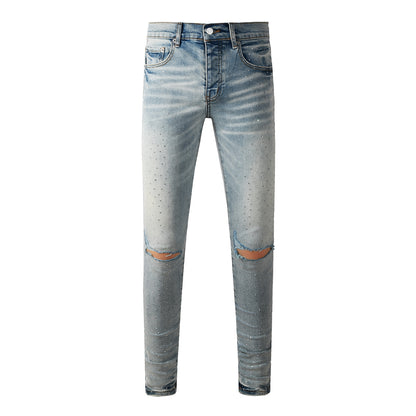 Men Streetwear Skinny Jeans Light Blue with Rhinestone Studs and Distressed Details 9119