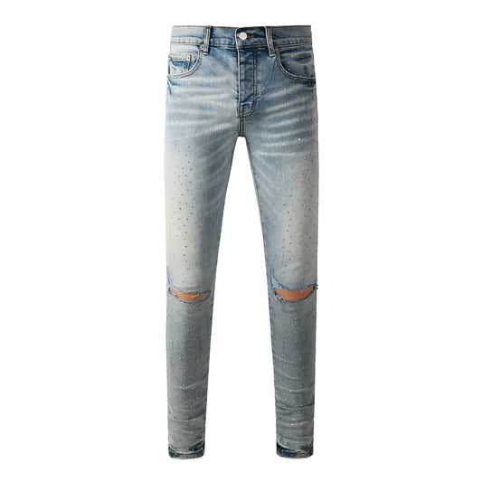 Men Streetwear Skinny Jeans Light Blue with Rhinestone Studs and Distressed Details 9119