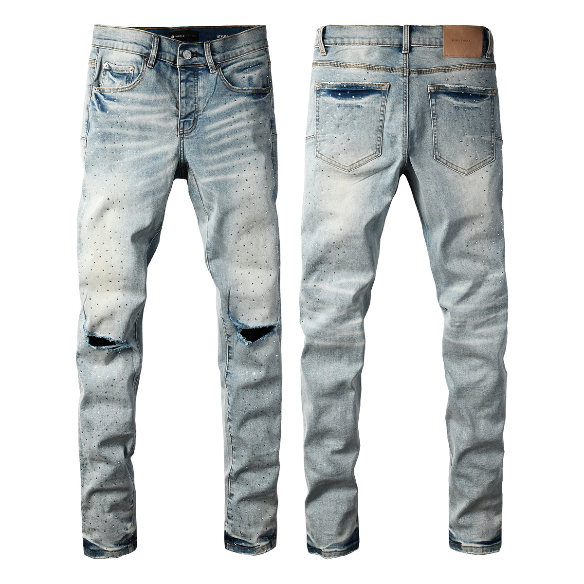 Men Streetwear Skinny Jeans Light Blue with Rhinestone Studs and Distressed Details 9119