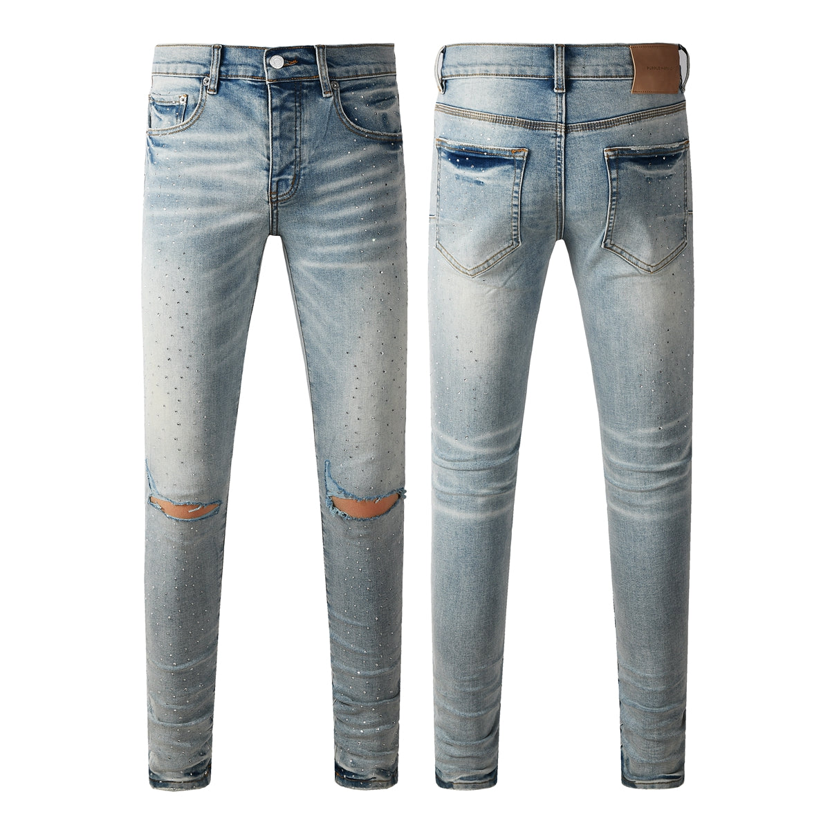 Men Streetwear Skinny Jeans Light Blue with Rhinestone Studs and Distressed Details 9119