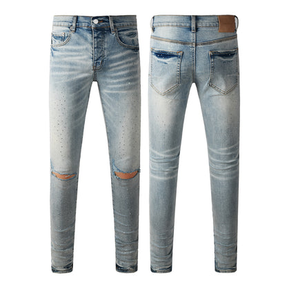 Men Streetwear Skinny Jeans Light Blue with Rhinestone Studs and Distressed Details 9119