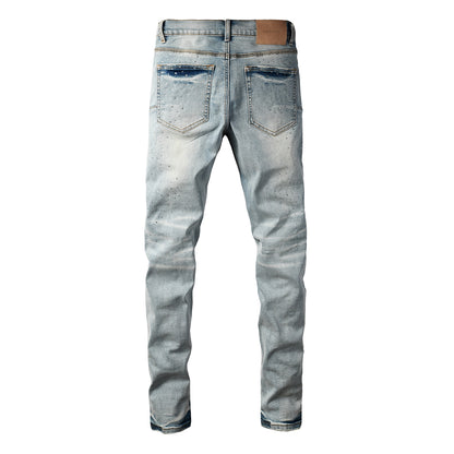 Men Streetwear Skinny Jeans Light Blue with Rhinestone Studs and Distressed Details 9119