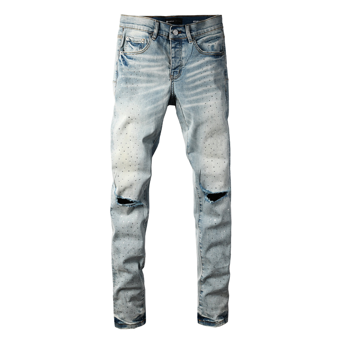 Men Streetwear Skinny Jeans Light Blue with Rhinestone Studs and Distressed Details 9119