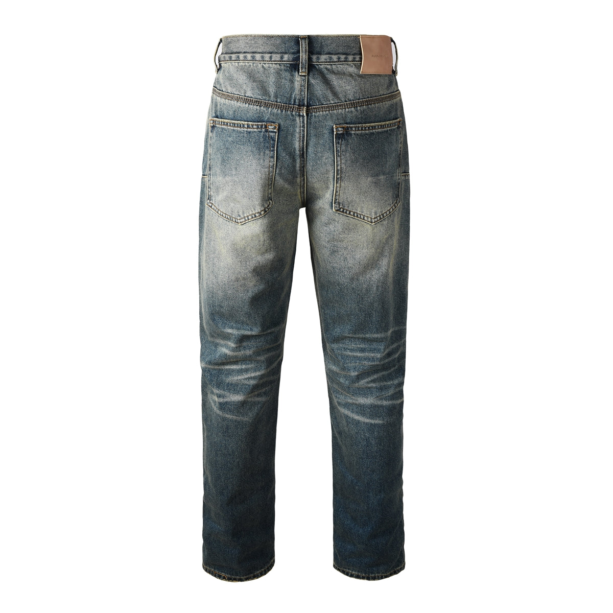 Men Vintage Streetwear Straight Jeans Blue Washed with Whisker Fade and Contrast Panels 9120
