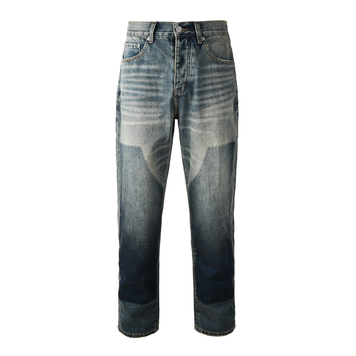Men Vintage Streetwear Straight Jeans Blue Washed with Whisker Fade and Contrast Panels 9120