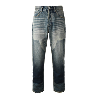 Men Vintage Streetwear Straight Jeans Blue Washed with Whisker Fade and Contrast Panels 9120