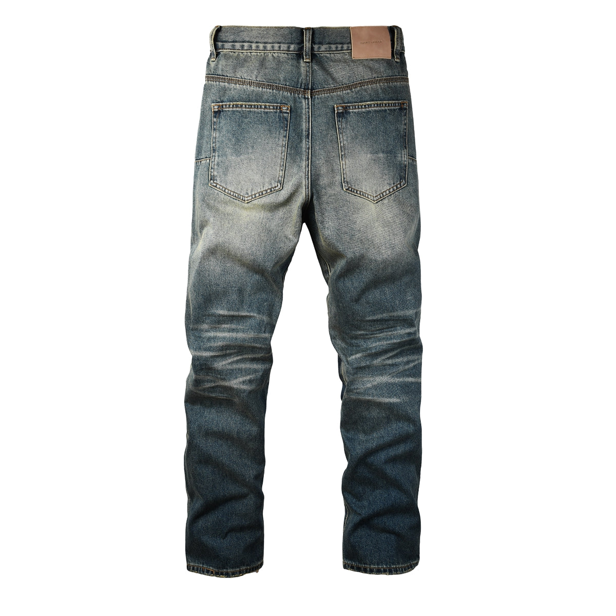 Men Vintage Streetwear Straight Jeans Blue Washed with Whisker Fade and Contrast Panels 9120