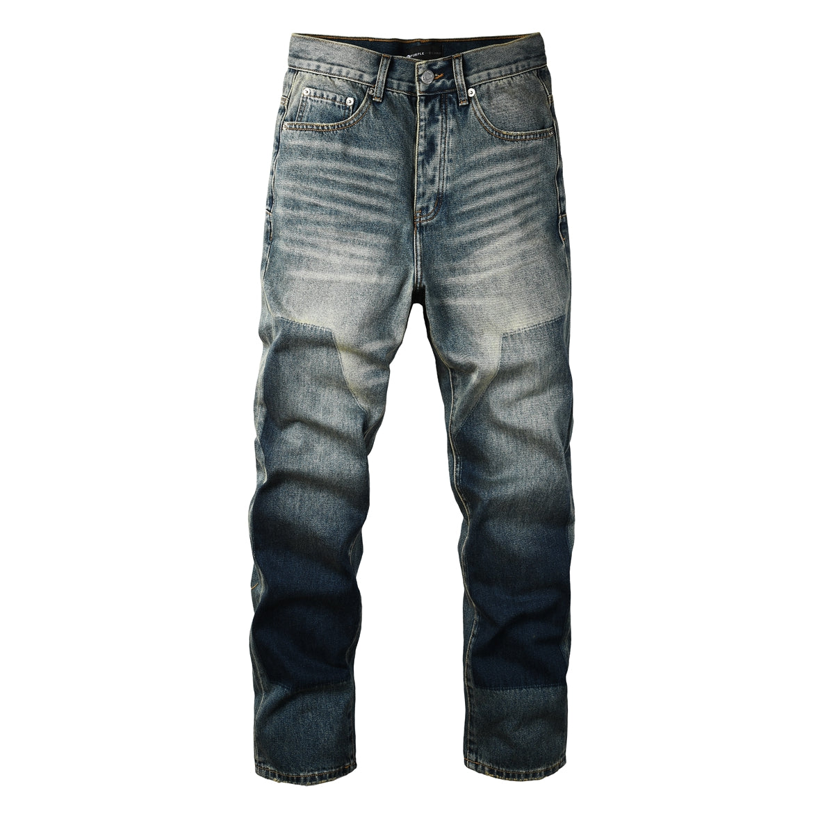 Men Vintage Streetwear Straight Jeans Blue Washed with Whisker Fade and Contrast Panels 9120